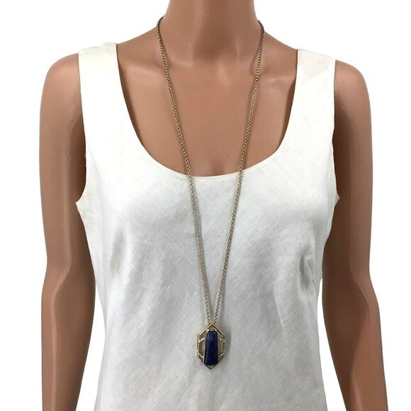 WHBM White House Black Market Pendant Necklace Natural Stone Sodalite Gold Tone - Picture 1 of 3